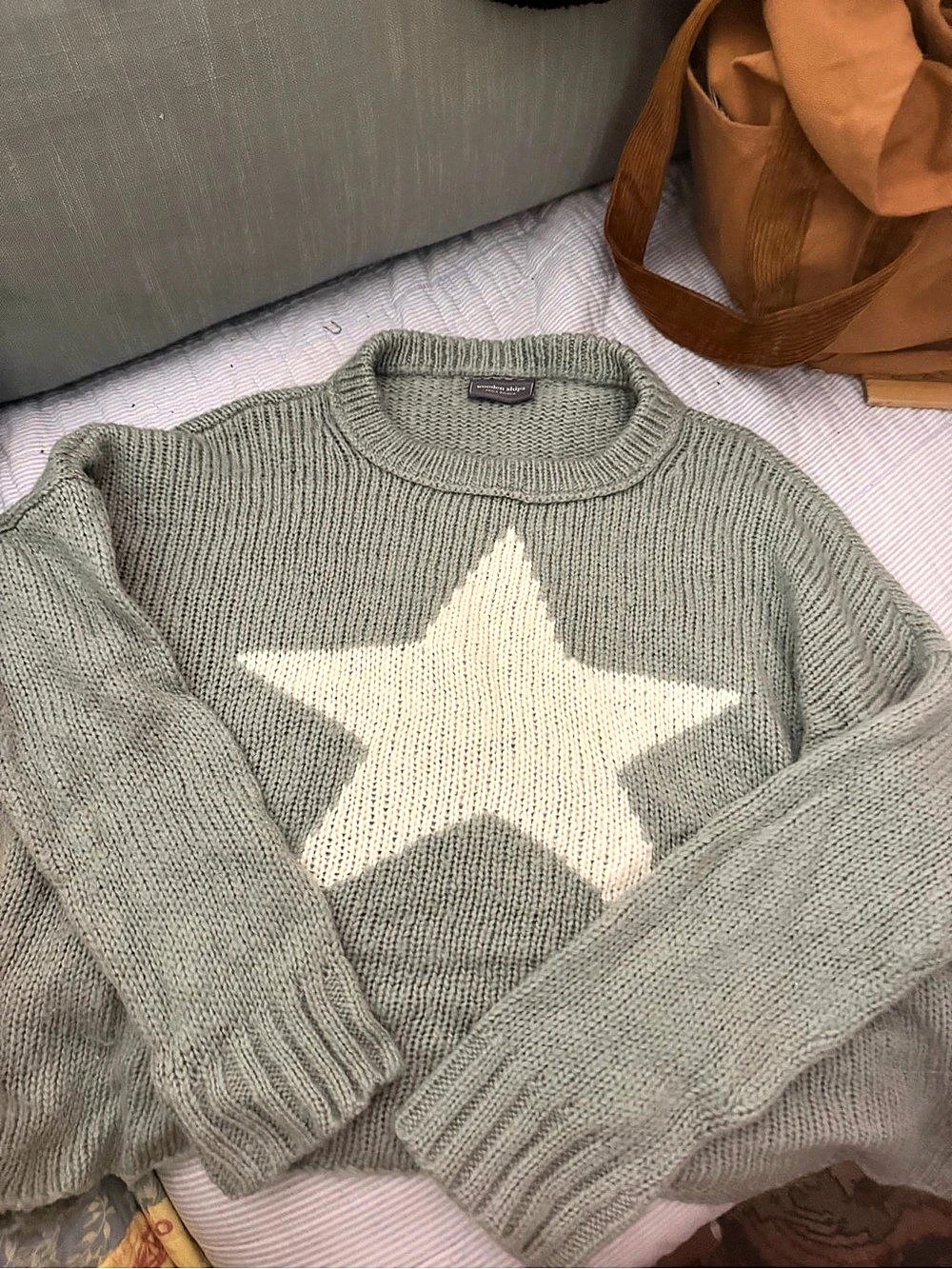 Wooden Ships Star Intarsia Crew Sweater Green & White XS/S